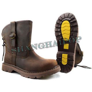 Mens Womens Brown Leather Boots Riding Bootie Motorcycle Biker High 
