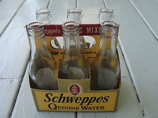 1955 6 Bottle pack with cartoon, Schweppes Quinine Water, Toxic Mixer