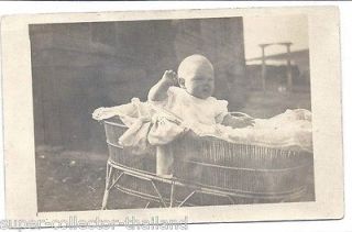 Blond Baby Boy in a Beautiful WICKER Bassinet 1910s AZO Real Photo 
