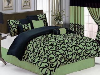 19 PC Green Black Comforter Curtain Sheet Set King Size New Bed in a 