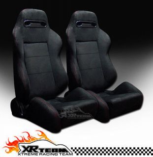 2x Universal T R Type Simulated Suede Black & Red Stitch Racing Seats 