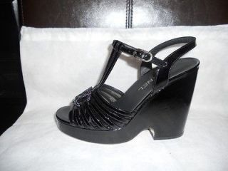 CHANEL Black Patent Leather T Strap Platform Wedge CC Logo Sandals 