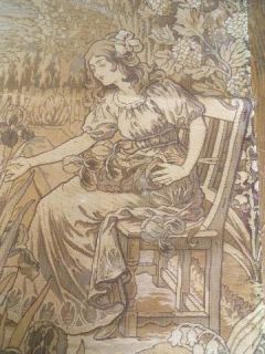 ANTIQUE FRENCH TAPESTRY 19 TH CENTURY LADY , GARDEN ,LILY, IRIS