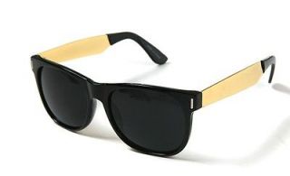 New Super Dark Black Sunglasses Gold Metal Temple Wayfers Men Women