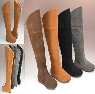 Womens Boots Flat Over the Knee Boots in Black Gray Tan and Brown New 