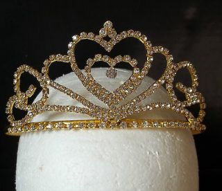 New Gold color Metal Wedding Bridal Prom Tiara Clear Double Heart