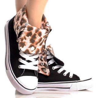 Black Canvas Leopard Print Lace Up Women Ankle Boot Hi Top Sneakers 