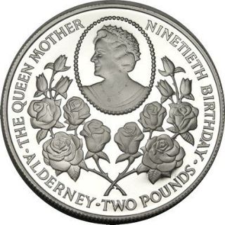 elf Alderney 2 Pounds 1990 Silver Proof Queen Mum 90th Birthday