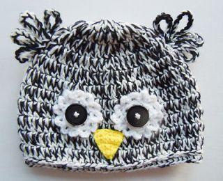Custom Crochet Owl Baby boy Hat Button Beanie Photo Prop Black+Whiite 
