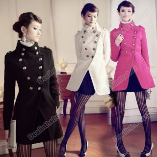 Womens Wool Double breasted Button Trench Coat Stand Collar Military 