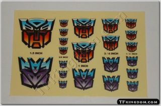 Transformers G1 Autobot Decepticon Insignia Symbol Sticker Decal Sheet 