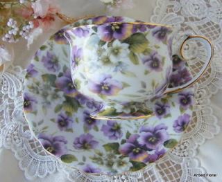 purple pansy chintz porcelain tea cup saucer set tea cup