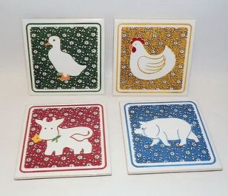 Vintage Country Calico Ceramic Trivets Farm Chicken Pig Duck Cow