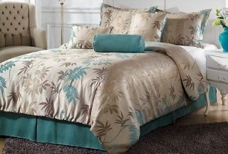 7pcs Beige Light Blue Bamboo Leaf Jacquard Comforter Set Bed in a bag 