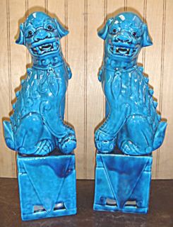 pair turquoise foo dog chinese porcelain statue 13 h x