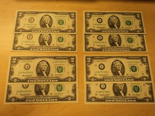 16 Face Value (8) $2 Dollar Bills Federal Reserves (E, A, I, J) CRISP 