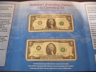   Founding Fathers 2012 Currency Set   Matching Serial #   $1 & $2 Bills