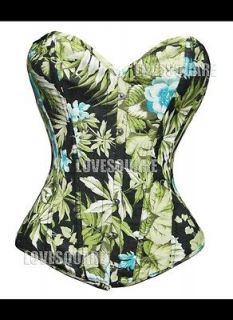black green floral leaf pattern denim boned corset top s