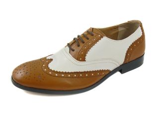 MENS MOD ROCKABILLY TAN / WHITE REAL LEATHER LACE UP BROGUE SHOES 7 8 