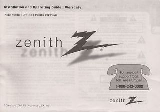 Manual for Zenith ZPA 314 Portable DVD player    Manual only