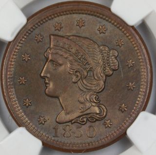 1850 braided hair large cent 1c ngc ms 64 bn