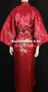   Floral Design Silk Satin Kimono Robe Sleepwear w/ Waist Tie Burgundy