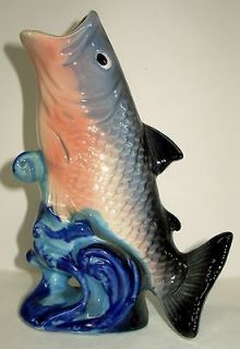 Vintage Japan Wall Pocket Vase Ceramic Plaque Hand Painted FISH Waves 