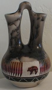 Navajo Indian Pottery Horse Hair Wedding Vase Bear Etched Painted 