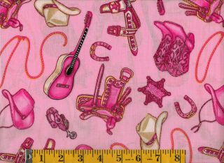   Quilting Sewing Fabric, Boots Hat Guitar Saddle, Springs BTY #370