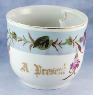 Vintage Porcelain A Present Floral Design Mustache Cup w/ Gold 