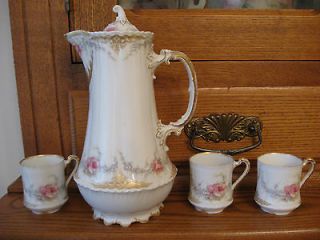 Limoges Hand Painted Chocolate Pot and Three Cups / 