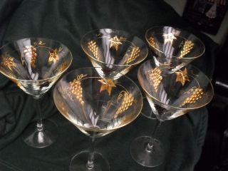 GORGEOUS ETCHED 8 MARTINI STEMS/GLASSES, GOLD FILLED GRAPES/GRAPE 