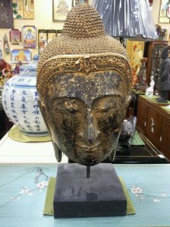 Buddha Head wood carving on stand with faded gold leaf Thailand