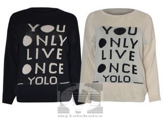 Womens Ladies Knitted Crew Neck Yolo You Only Live Once Jumper Top 8 