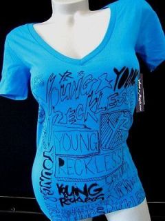 YOUNG and RECKLESS Womens Skate Graphic Tee Shirt Aqua Medium NWT NEW 