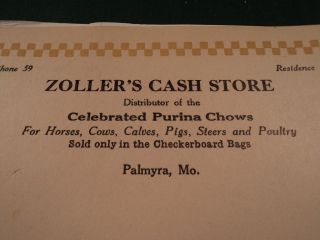Vintage Zollers Cash Store Purina Chows Palmyra MO Missouri Feed 