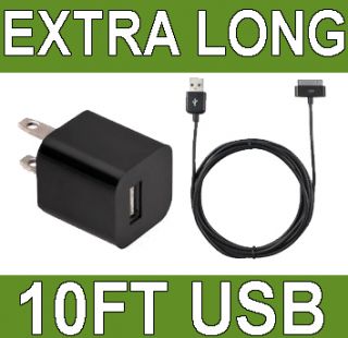 Black Power Wall Charger 10 ft Long USB for iPhone 4