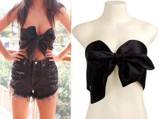 Black Bow Tie Front Silk Satin Cropped Top Bralet Bustier Corset L