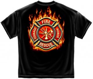 Flaming Maltese Cross Firefighter Black T Shirt Size XL