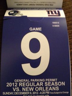 New York Giants vs New Orleans Saints Parking Pass 12 9 12
