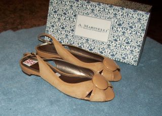 Marinelli Tan Suede Peep Toe Low Heel Slingbacks Flats Shoes 8 New 