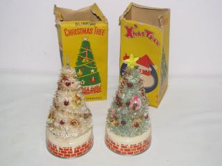 Vintage AMICO Japan Decorated Bottle Brush Christmas Trees w Box