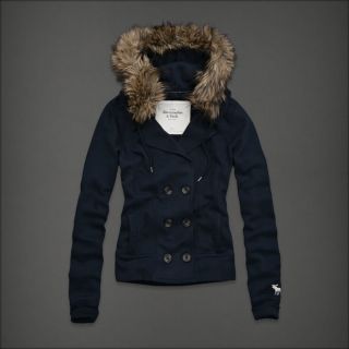 Abercrombie Women Meredith Navy Blue Faux Fur Button Hoodie Jacket 