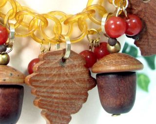 Wood Acorn Bakelite Berry Charm Bracelet Celluloid Chain Carved Leaves 