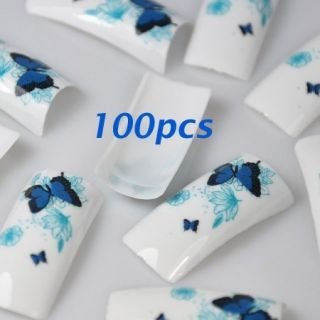 100 White Blue Butterfly False French Acrylic Nail Tips New