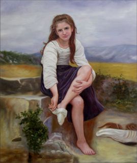 Hand Painted Oil Painting Repro Bouguereau Girl Removing Her Socks