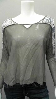 Addison V Neck Ladies Womens XS Shirt Top Gray Solid Long Sleeve 