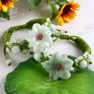 Flower Jade Green Hand Knitted Adjustable Bracelet 1pc