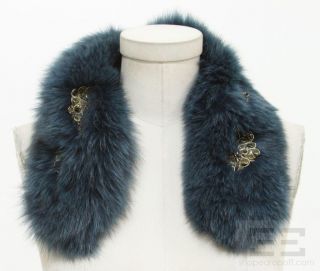 Adrienne Landau Blue Dyed Fox Fur Gold Floral Sequin Detail Collar 