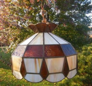 Vintage Tiffany Slag Stained Glass Light Hanging Lamp